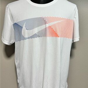 Nike White Short-Sleeve Graphic Tee with Blue and Orange Stripe Swoosh